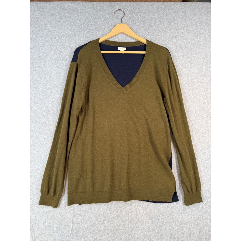 J.Crew XL V-Neck Sweater Preppy Colorblock Merino Wool Olive Navy